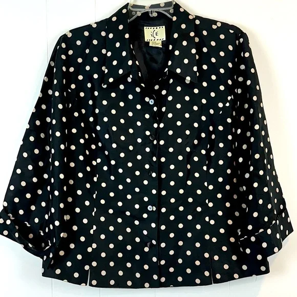 Vintage Ice 100% Silk Black and White Polka Dot Lined Button Front Top Size 1X - Picture 1 of 5